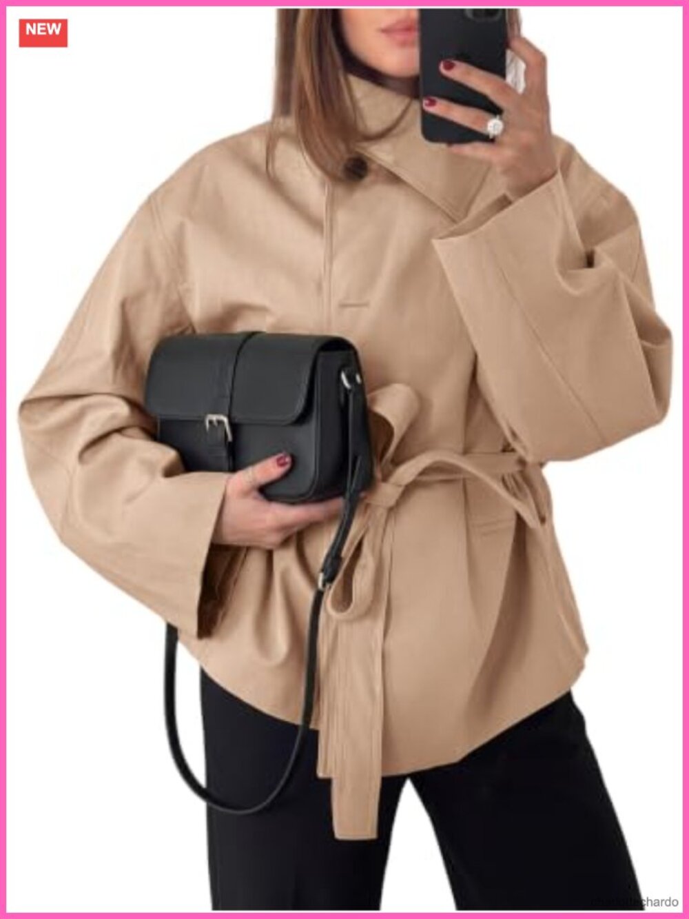 Women's Lapel Collar Belted Trench Coat Windbreaker Long Sleeve Casual